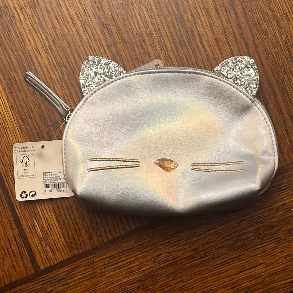NWT Silver Iridescent Kitty Cat Makeup Bag Pouch Glitter Ears Cosmetic Case DIY